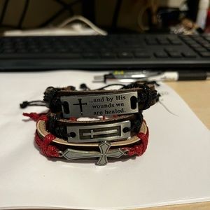 Three leather bracelets see pics for description and details